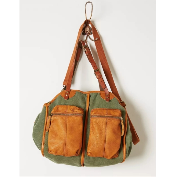 Anthropologie Handbags - Anthropologie Leather Green Canvas Utility Pocket Satchel Crossbody Workshop Bag